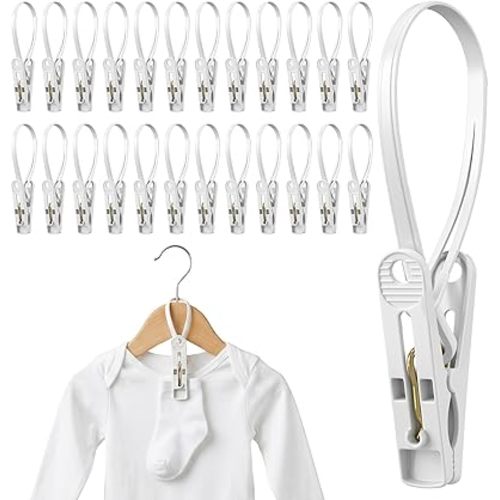 Nogeqi 24 Pack Hanger Clips for Baby Clothes Pants, Hanging Clips for Baby Hangers with Plastic Rope Hooks, Space-Saving Organizer for BabiesToddler Laundry, Closet, Socks Pants