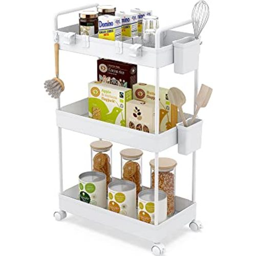 Ronlap Slim Storage Cart, 3 Tier Utility Rolling Cart with Wheels Lash Cart Organizer Small Slide Out Mobile Storage Cart with Hanging Cup Divider for Bathroom Laundry Room Kitchen Narrow Place, White