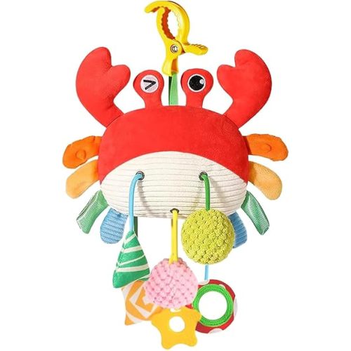 Car Seat Toys for Babies 0-6 Months, Hanging Activity Toy for Car Seat & Stroller, Crib & Gym, Clip-On Plush Sensory Toy with Mirror & Crinkle, Christmas Stocking Stuffer for Babies