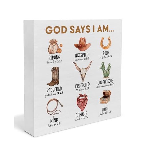 Western Cowboy Room Decor, God Says I Am Inspirational Bible Verse Wooden Box Sign, Cowboy Nursery Decor for Boy, Christian Western Gifts