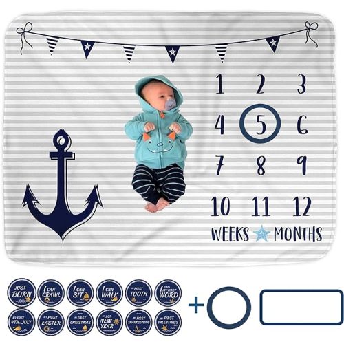 Nautical Baby Monthly Milestone Blanket with 12 Stickers, First Year Calendar Monthly Growth Tracker, Baby Boy Month Blanket 60"x40", Newborn Photo Background Photo Prop, Striped Anchor Nursery - 60x40 - Minky