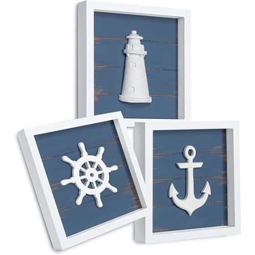 TideAndTales 3D Nautical Wall Decor (Famed Set of 3) Anchor, Lighthouse and Ship Wheel - Rustic Beach Bathroom Coastal Theme Home Decorations - Nautical Gifts (7"x7"), Classic Blue