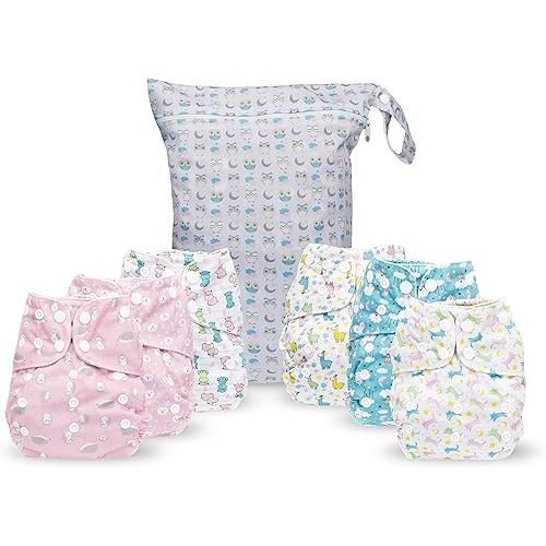 Simple Being Reusable Cloth Diapers, Double Gusset, One Size Adjustable, Washable Soft Absorbent, Waterproof Cover, Eco-Friendly Unisex Baby Girl Boy, six 4-Layers Microfiber Inserts (Girl Animals)