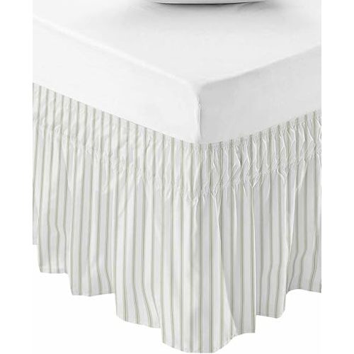 Sage Green Striped Bed Skirt Queen Size 16 Inch Drop, Adjustable Elastic Bedskirt Dust Ruffle for Queen Bed, Sage Green White Stripes Farmhouse Wrap Around Bed Skirts Pleated Bed Frame Cover