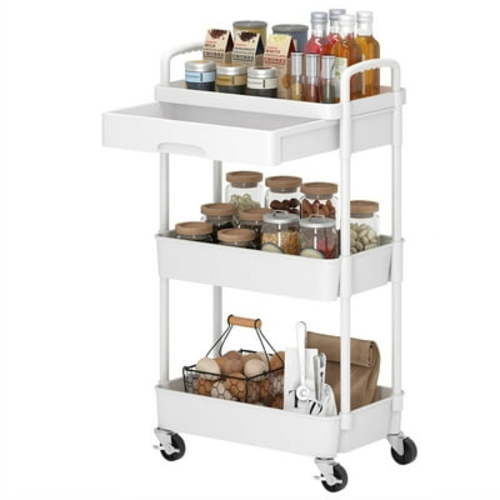 HioHa Rolling Utility Cart, 3-Tier Storage Cart Movably with Drawer & Metal Wheels, Multifunctional Storage Organizer Shelves with Handle for Kitchen Bathroom Living Room Office