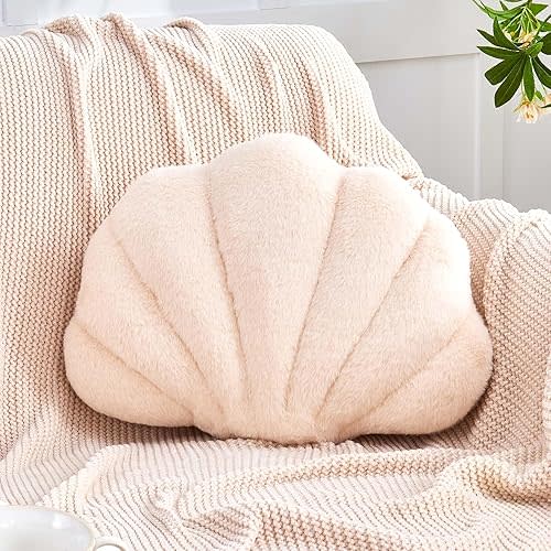 Seashell Pillow, Beige Sea Shell Pillows for Bed, 13" Soft Shell Shaped Decorative Ocean Pillow with Faux Rabbit Fur, Cute Beach Room Decor Seashell Plush Pillows for Couch, Bed
