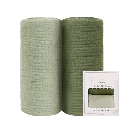 babify Baby Swaddle Blanket Neutral - Lightweight and Breathable Muslin Swaddles for Newborns - Receiving Blanket for Baby Boys and Girls (Green, 2pack)
