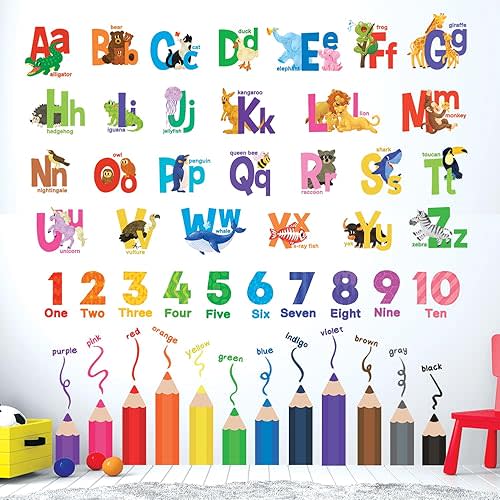 DECOWALL SG3-2316 Alphabet Numbers and Colouring Pencils Wall Stickers Decals Classroom Kids playroom Art Play Room Rainbow ABC Decorations Toddler Color Child Preschool Living Baby Girl Baby boy