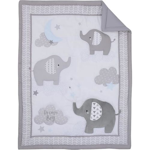 Little Love by NoJo Elephant Stroll Dream Big Clouds and Stars with Chevron Border - Juego de ropa de cama de 3 piezas para cuna de guardería, edredón, sábana bajera para cuna y falda de cuna