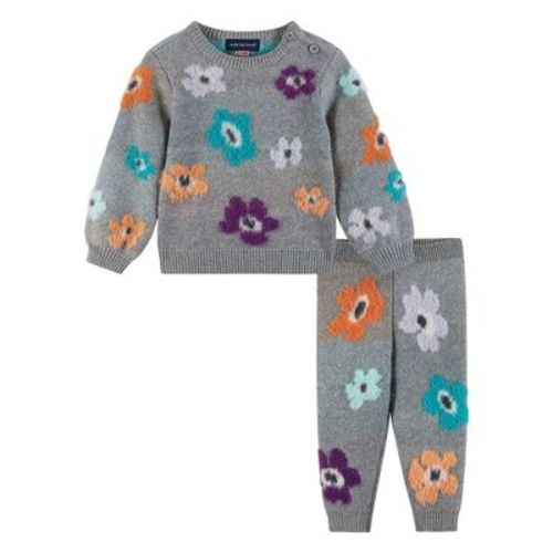 Andy & Evan Infant Dove Grey Sweater W/eyelash Flowers & Pant Set, Size 6-9 Months.