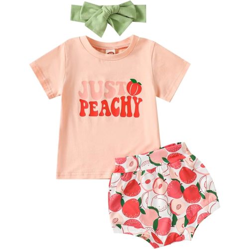 Ynibbim 0-24 Months Infant Baby Girls Summer Clothes Newborn Shorts Set Letters Print Tops & Peach Print Shorts 3Pcs Outfits - 0-6 Months - D - Orange Pink
