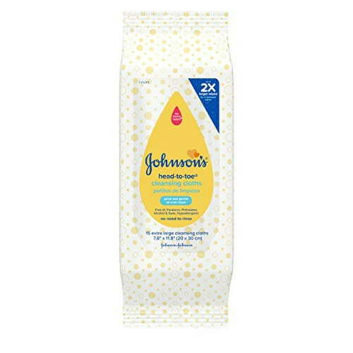 Johnson's Head-To-Toe Gentle Baby Cleansing Cloths, Hypoallergenic and Pre-Moistened Baby Bath Wipes, Free of Parabens, Phthalates, Alcohol, Dyes and Soap, 15 Ct