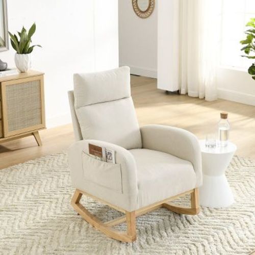 Beige Padded Rocking Chair With Wood Legs And High Backrest,Nursery Room Rocking Armchair,Lounge Chair For Living Room And Bedroom-The Pop Home
