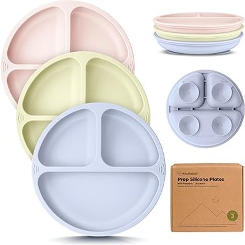 KeaBabies Suction Plates for Baby, Toddler - 3-Pack 100% Silicone Toddler Plates with Suction, Divided, BPA-Free Baby Led Weaning Essentials for Kids, Dishwasher, Microwave Safe, Durable (Rain)