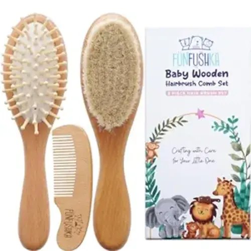 Baby Wooden Hair Brush and Comb Set for Newborn Toddler - Natural HairBrush with Soft Goat Bristle for Girl and Boy, Perfect for Cradle Cap