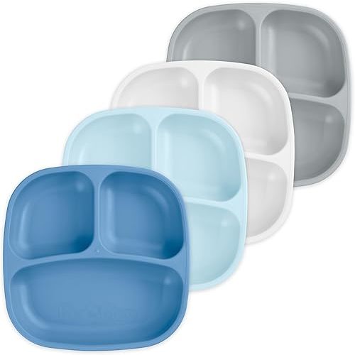 Re-Play - 4 Pack 7.37" Divided Plates with Deep Sides for Baby, Toddler & Child Feeding - BPA Free - Made in USA from Recycled Milk Jugs - Cool Blue