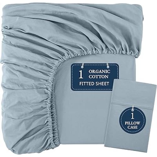LANE LINEN Twin Fitted Sheets - 100% Organic Cotton 2-Piece Set (1 Fitted Sheet, 1 Pillowcase), Percale Weave, Bottom Sheet, Soft, Breathable, Fits Mattress Upto 15' Deep -French Blue (No Flat Sheet)
