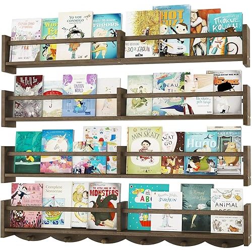 ECOOCE 34Inch Nursery Bookshelves,Set of 4,Wall Floating Shelf Kids Coat Rack with 6Hooks,Hanging Book Shelf for Baby Nursery Room Décor (Dark Brown, 34)