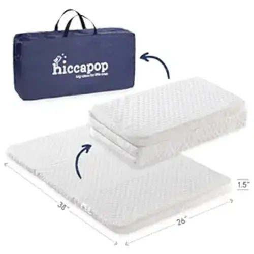 hiccapop Tri-fold Pack and Play Mattress Pad for Travel (38"x26"x1.5") with Carry Bag, Playard Mattress for Pack and Play, Pack N Play Mattress Topper with Washable Cover, 1.5" Thick