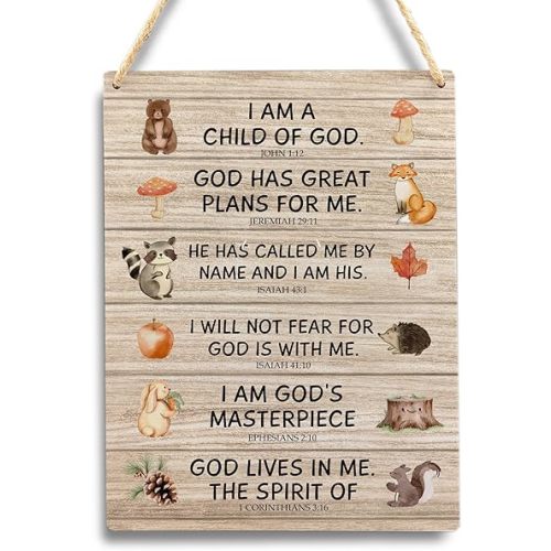 I Am A Child Of God Woodland Animals Hanging Wooden Sign,Inspirational Quotes Bible Verse Christian Wall Wood Signs,Christian Nursery Inspirational Hanging Signs,7.9×10.2 Inches