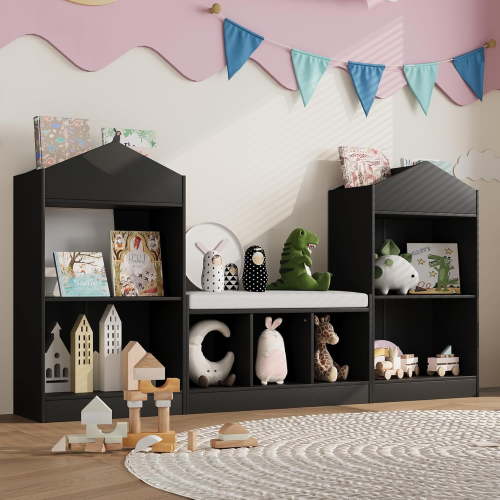 68.9“ Kids Bookshelf with Reading Nook, Toy Storage Organizer with Seat Cushion and 7 Storage Cubbies, Wooden Kids Bookcase, Toy Organizers and Storage for Nursery, Playroom, Black