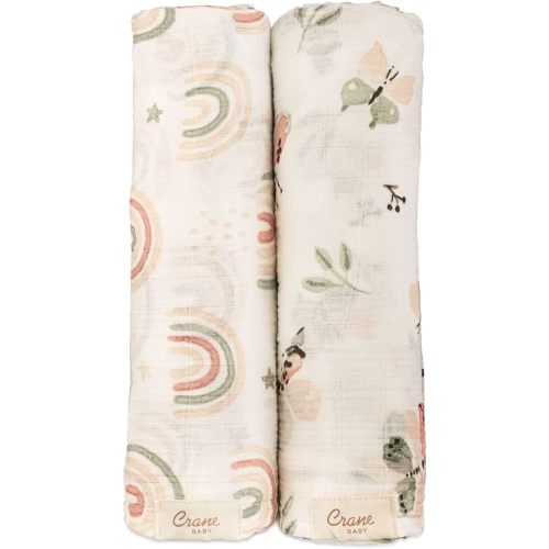 Crane Baby 100% Cotton Muslin Swaddle Blankets, Butterfly/Rainbow, Baby Swaddle Blanket, Set of 2, 47" x 47", Swaddles for Newborns, Baby Muslin Swaddle Blanket, Swaddle Blankets for Boys & Girls