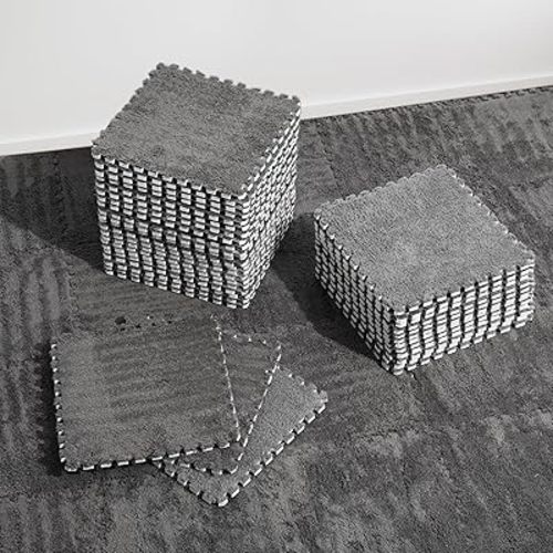 36 Pcs Interlocking Carpet Playmat Shaggy with 36 Edgings 8 Rug Tapes, Protective Soft Foam Carpet Mats for Floor Kids Room 11.8 x 11.8 Inch, Grey