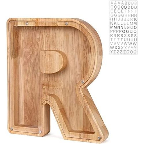 Custom Wooden Piggy Bank, CCHKFEI Coin jar Personalized Piggy Bank Creative 26 Letter DIY Storage Jar Kids Alphabet Coin Bank Savings Piggy Bank Birthday Gift Home Decoration Souvenir (R)