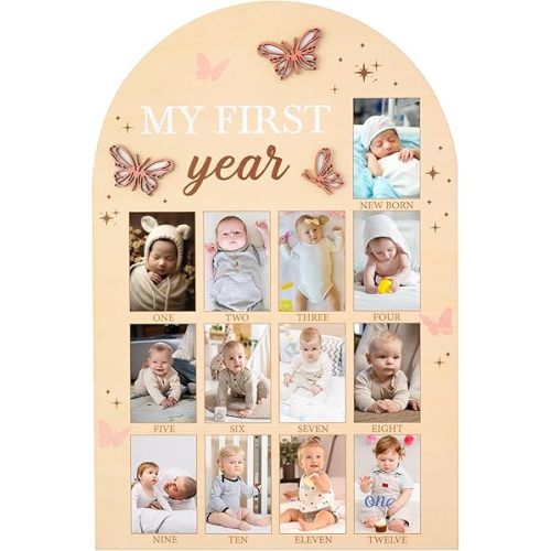 R HORSE My First Year Photo Frame Board, 3D Butterfly Baby First Year Picture Frame 12 Months Milestone Display Wood Board Baby Keepsake 1st Birthday Nursery Decor Gift for Boy Girl
