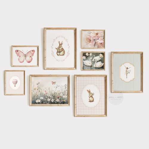 Girl Nursery Wall Art | Gallery Set of 8 | Vintage Style Girls Room Prints | Pink Butterfly | Sage Green Wall Art | Floral Decor | PS153