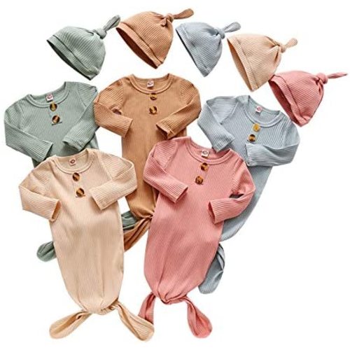 BASKOPA Baby Knotted Sleeper Gown Unisex Boys Girls Sleepsuits with Mitten Cuffs and Matching Hat Baby Coming Home Outfit