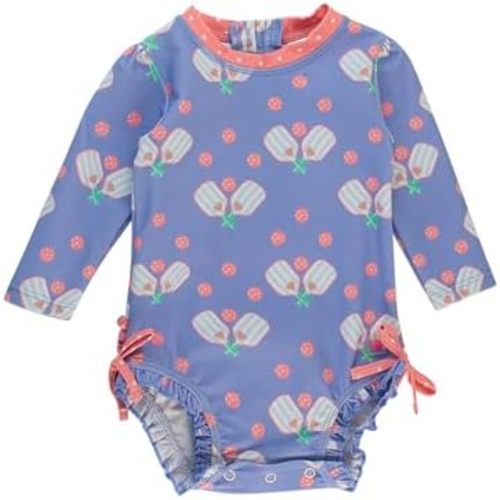 RuffleButts Baby Girls UPF 50+ Sun Protection Floral Printed Long Sleeve One Piece Rash Guard Swimsuit with Zipper