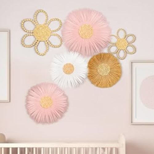 Soaoo 6 Pcs Boho Nursery Decor for Girl Daisy Flower Woven Macrame Wall Hanging Bohemian Nursery Wall Decor Flowers for Baby Girls Kids Dorm(Pink, White, Beige)