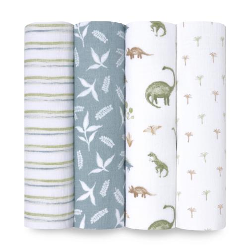 aden + anais™, Cotton Muslin Swaddle Blanket, Dino Jungle, Blue, Boys, Infants, 4-Pk