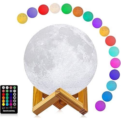 LOGROTATE Moon Lamp, 3D Printing 16 Colors LED Night Light, Moon Light with Stand and Time Setting & Remote & Touch Control, Lunar Lights for Birthday Kids Gifts Lovers Gifts (7 inch)