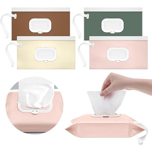 4 Pack Baby Wipes Dispenser [New Version-One Press Open],Portable Wipe Pouch,Refillable Wipe Holder, Baby Wipes Container Reusable Wet Wipes Bags Pouch for Travel (C)