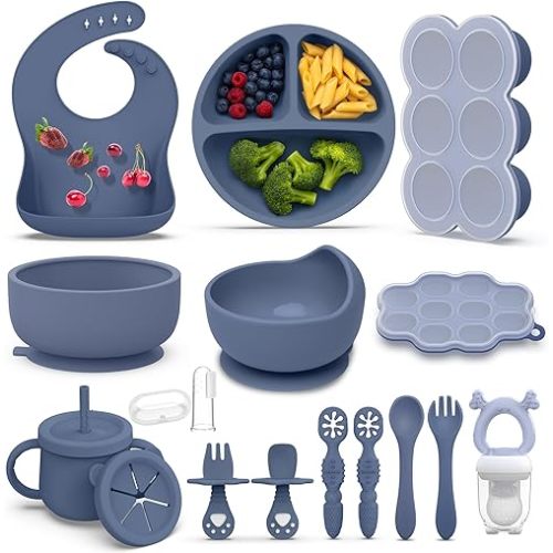 16 Pack Silicone Baby Feeding Set, BPA-Free Baby LED Weaning Supplies, Include Suction Plates, Baby Bowls, Silicone Fork & Spoon, and More, First Stage Baby Food Eating Utensils - 6+ Months(Blue)