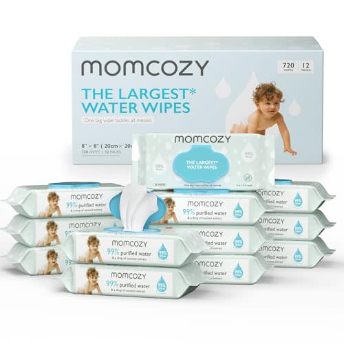 Baby Wipes, Momcozy Water Wipes-Extra Large Size Design, 99% Water Based Wipes, Unscented & Hypoallergenic, Cleansing & Moisturizing Baby Wipes for Sensitive Skin, 12 Flip-Top Packs (720 Wipes Total)