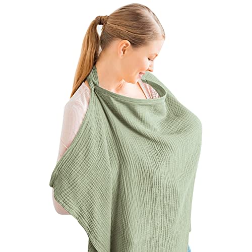 Konssy Muslin Nursing Cover for Baby Breastfeeding, Breathable 100% Cotton Breastfeeding Cover with Rigid Hoop for Mother Nursing Apron, Multi-use Carseat Canopy (Sage)