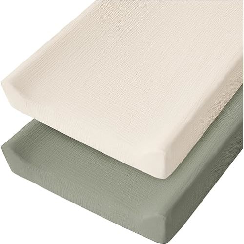 Konssy Muslin Changing Pad Cover for Baby Girls Boys, 100% Cotton Fitted Diaper Chang Table Covers, Soft Breathable Changing Pad Sheets, 2 Pack (Fog Green,Cream)