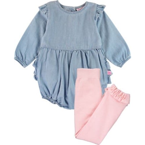 Ruffle Denim Bubble Romper & Tights Set