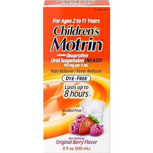 Children's Motrin Oral Suspension 100mg Ibuprofen Medicine, NSAID Fever Reducer & Pain Reliever for Minor Aches & Pains Due to Cold & Flu, Dye Free, Alcohol-Free, Berry Flavored, 8 fl. oz