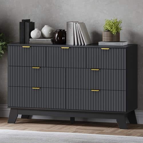 BORNOON Fluted 7 Drawer Dresser, 47.2" Wide Modern Boho Chest of Drawers, Wooden Storage Dresser TV Stand for Bedroom, Living Room, Closet, Hallway, Curved Profile Design