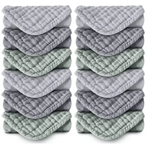 MOON PARK Baby Washcloths, 12 Pack - 12x12 Inches, Small Burp Cloths and Baby Wipes - 100% Cotton Muslin Ultra Soft for Newborn, Infant and Toddlers - Grey, Green and Slate