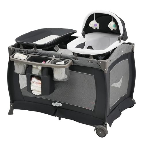 Pamo Babe Playard Portable Playard Foldable Playpen for Baby and Toddler Portable Crib Mattress Diaper Changer for Newborn (Grey)