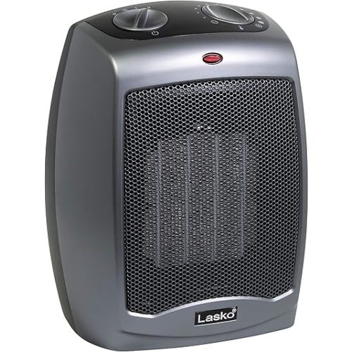 Lasko Portable Indoor Electric Ceramic Space Heater with Tip-Over Safety Switch, Overheat Protection, Thermostat and Extra Long Cord, 2 Speeds, Safe for Home, 9.2 Inches, Dark Gray, 1500W, 754201