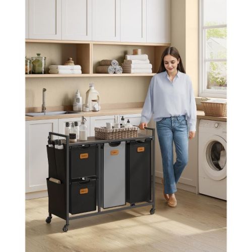 VASAGLE Laundry Hamper with 4 Compartments, 39.6 Gal. (150 L) Laundry Sorter, Rolling Laundry Cart with Shelves, Ink Black and Dove Gray