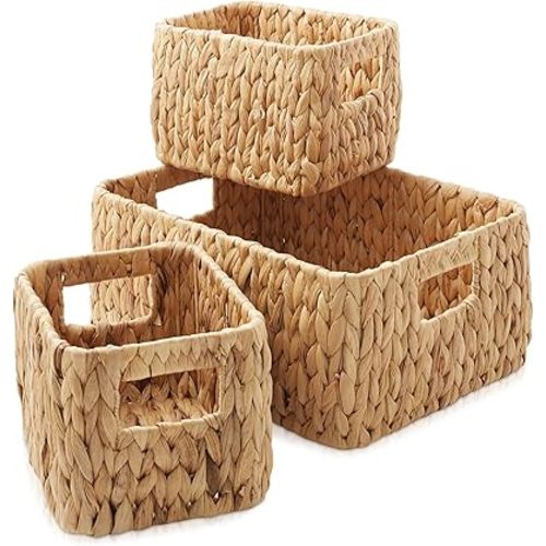 Casafield Set of 3 Water Hyacinth Storage Baskets for Shelves - 1-Large, 2-Small Woven Organizers with Handles for Bathroom, Laundry, Pantry, Office