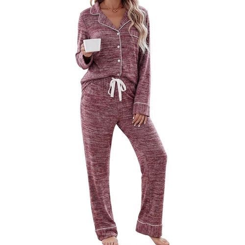 Leikar Button Up Pajama Set For Women Long Sleeve Shirt And Pajama Pants Soft Pjs Lounge Sets