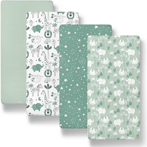 The Peanutshell Baby Bassinet Sheets 4-Pack - Soft, Oval & Fitted Baby Girls or Boys Sheet, Rectangle, Fitted Covers for Crib, Halo Bassinet Mattress - Green Safari